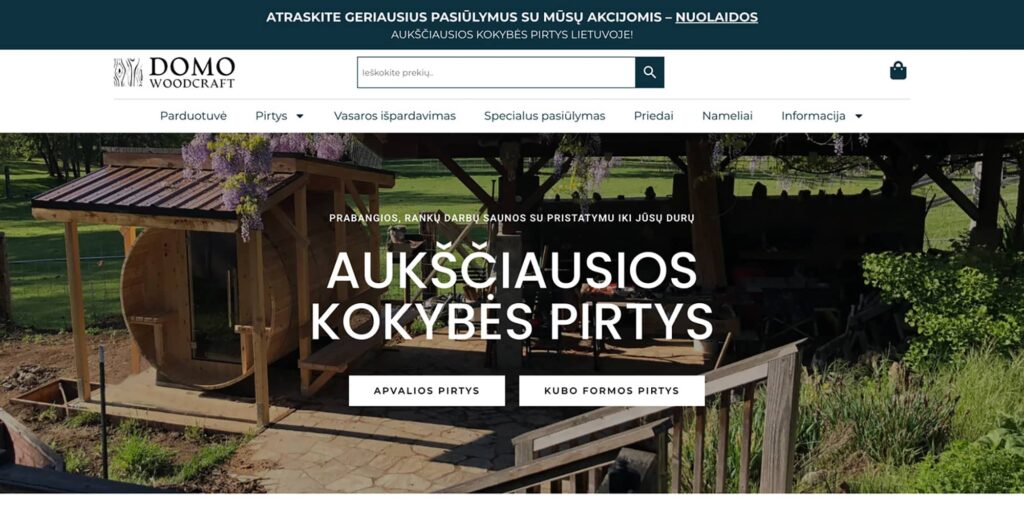 „DomoWoodCraft“ hero sekcija – medienos gaminių wordpress elektroninė parduotuvė