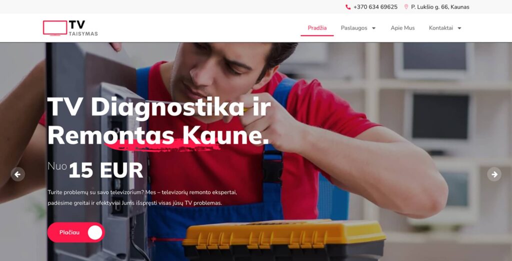 „TV Taisymas“ hero sekcija – remonto paslaugų internetinė svetainė