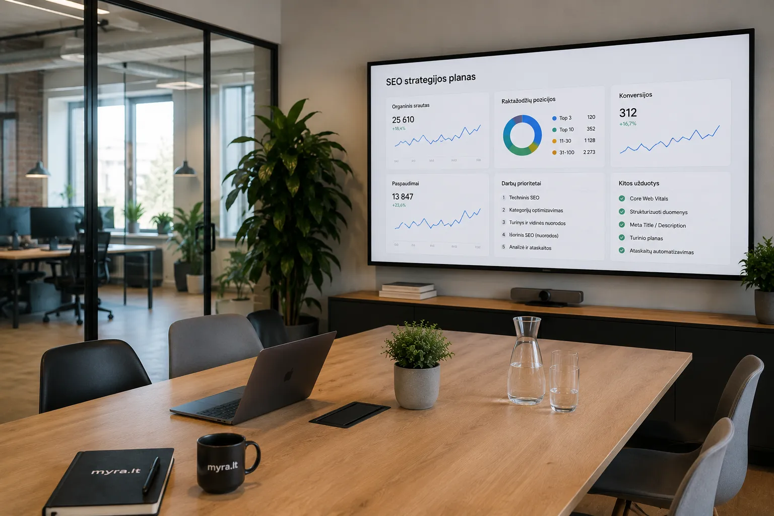 SEO agentūros komanda planuoja svetainės optimizavimo strategiją