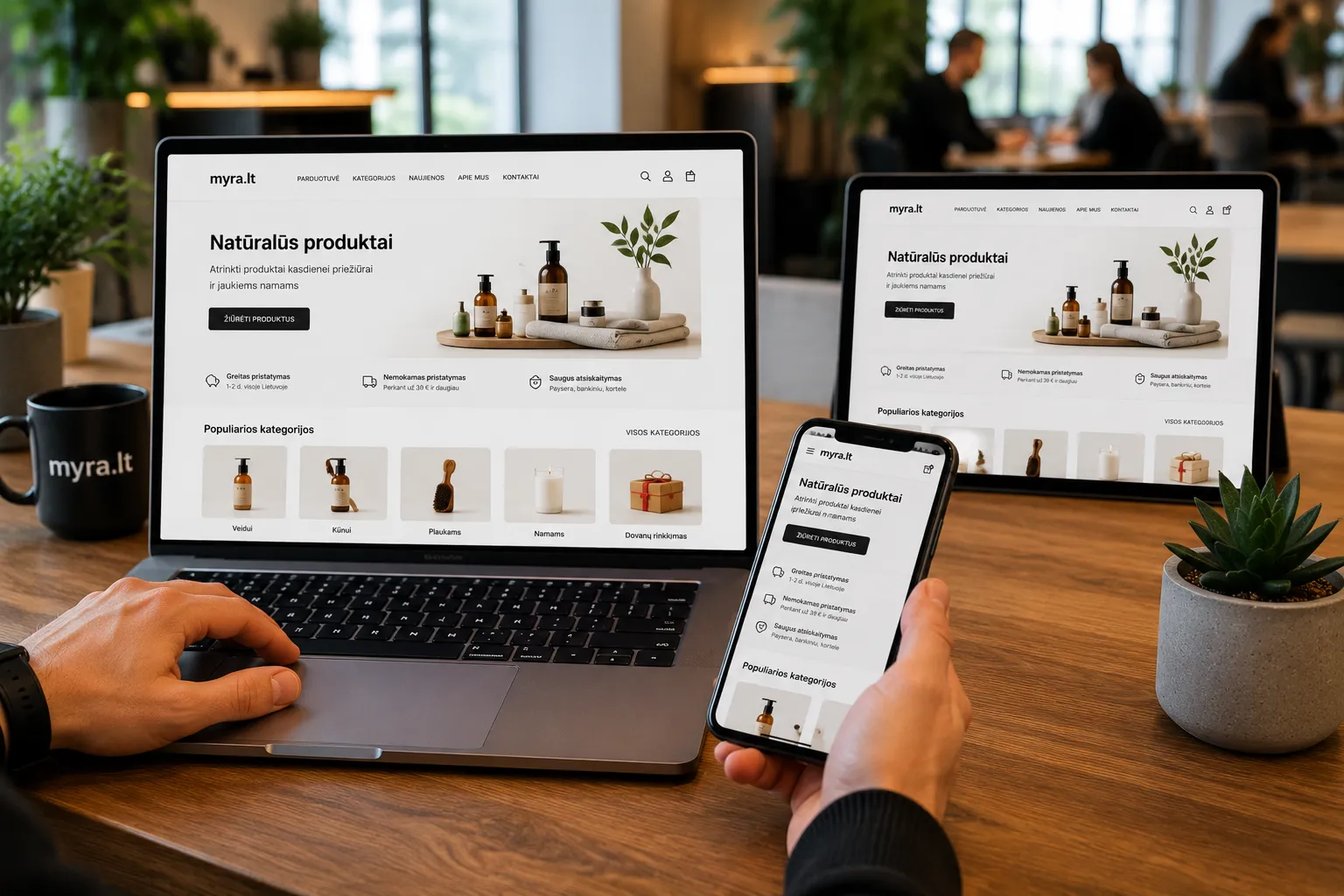 WooCommerce parduotuvė kompiuteryje ir telefone